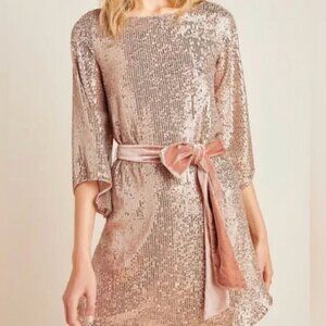 By Anthropologie Womens PartySequin Dress Size Small Rose Color Belted Waist NWT